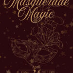Aletheia United Academy's Masquerade Magic event poster with mask illustration. April 24, 7-10pm.