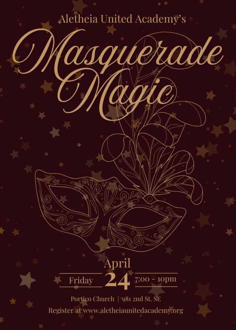 Aletheia United Academy's Masquerade Magic event poster with mask illustration. April 24, 7-10pm.